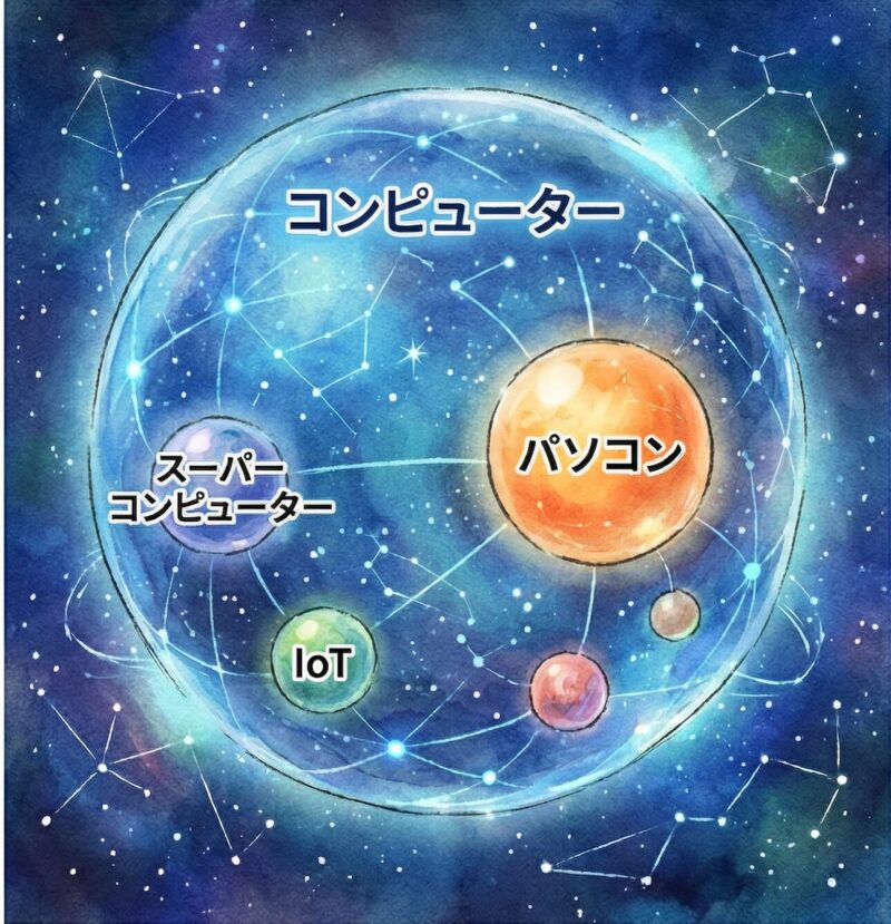 宇宙の惑星を模した「コンピューター」という大きな概念の中に、パソコン、スーパーコンピューター、IoTが含まれていることを示すイメージ図