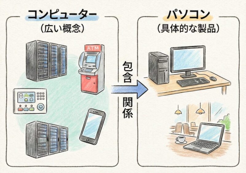 コンピューターという広い概念（サーバー、ATM、スマホ等）と、その一部である具体的な製品としてのパソコンの関係性を示すイラスト