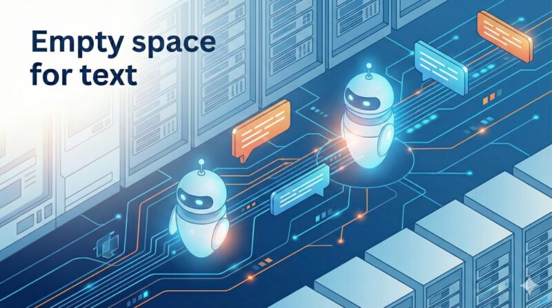 サーバーラックとデータストリームの中を移動するロボット