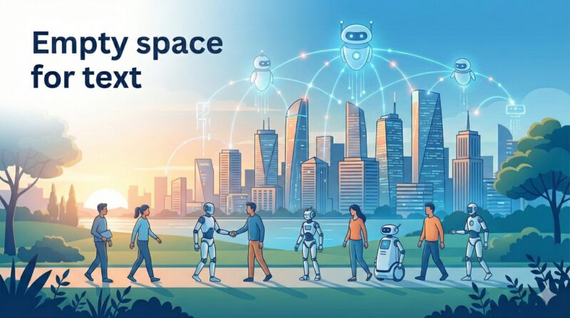 人間、物理ロボット、そして都市上空のデジタルネットワーク(ボット)が調和して共存する未来のスマートシティ