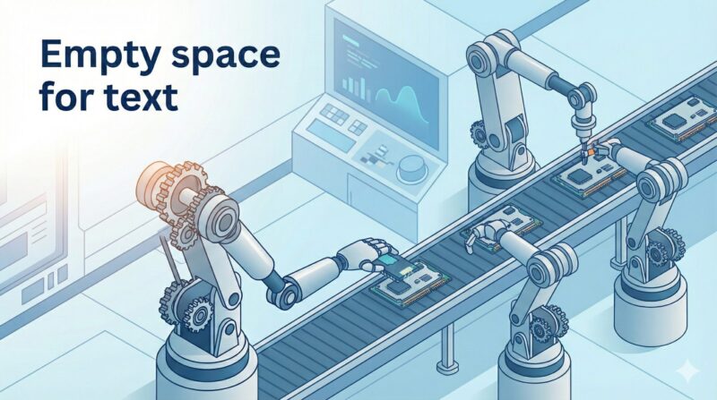 工場でアーム型ロボットが作業している
