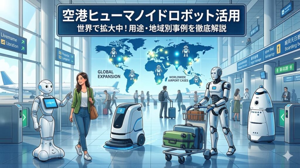 空港で案内や清掃、手荷物搬送など様々な用途で活躍するヒューマノイドロボットのイメージ