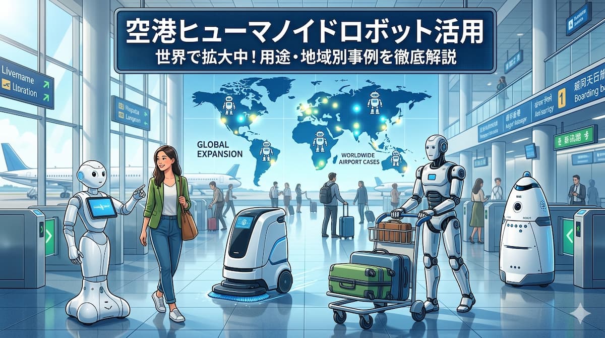 空港で案内や清掃、手荷物搬送など様々な用途で活躍するヒューマノイドロボットのイメージ