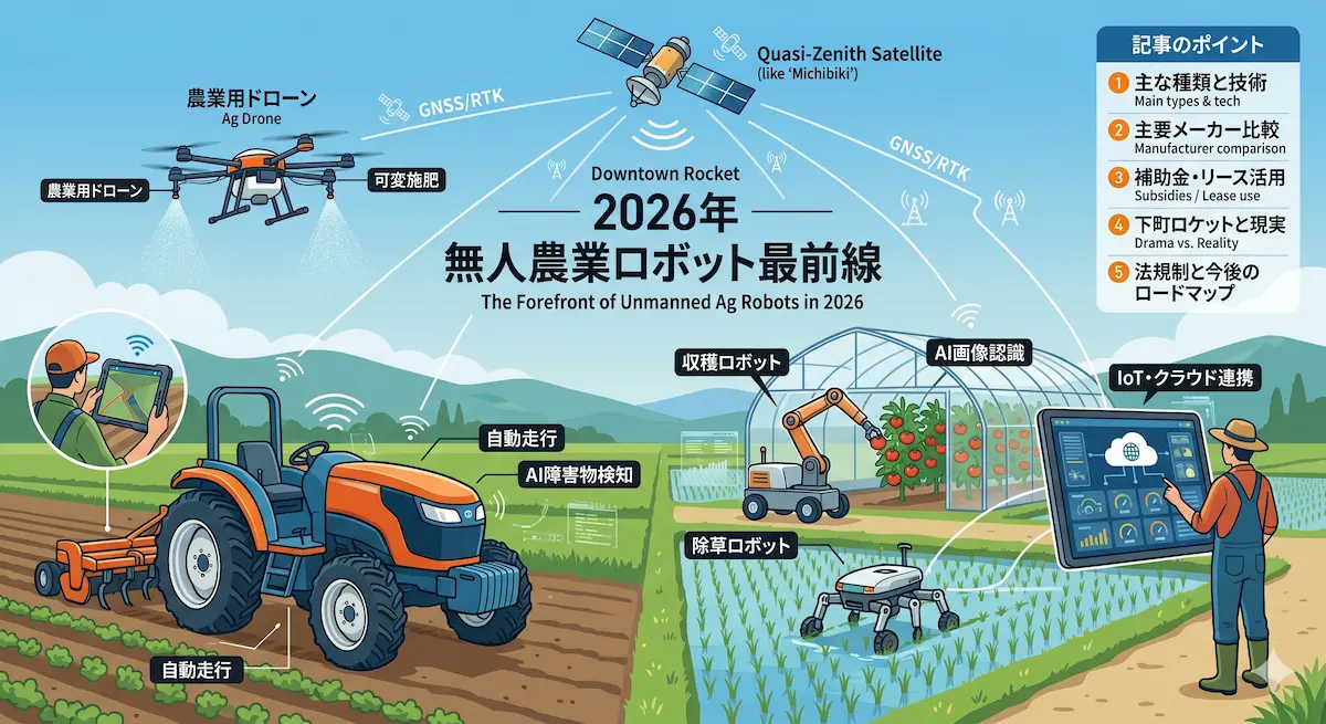 無人ロボットを使って農業をする様子を描いたアイキャッチ