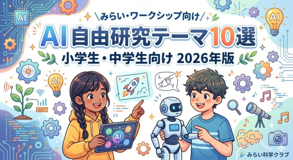 AIの自由研究テーマを学ぶ小学生・中学生の男女とロボットが描かれた、2026年版のポップなブログアイキャッチ画像。