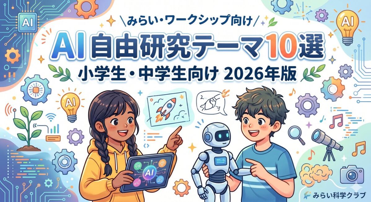 AIの自由研究テーマを学ぶ小学生・中学生の男女とロボットが描かれた、2026年版のポップなブログアイキャッチ画像。
