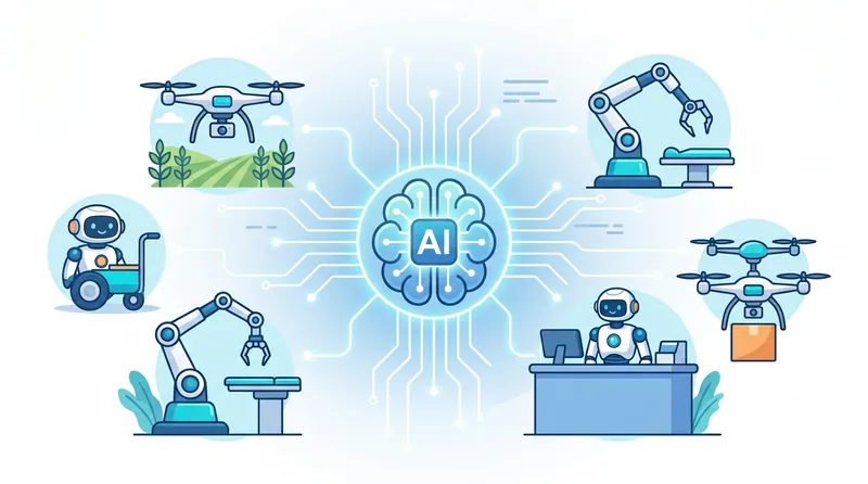 AIのコアから様々な産業(農業、医療、サービス、物流)のロボットへデータが繋がる様子。