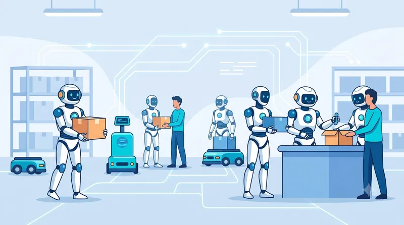 人型ロボットが工場で人間の作業員と協働する様子。
